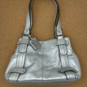 Tignanello Silver Shoulder Bag with Metallic Leather and Double Handles
